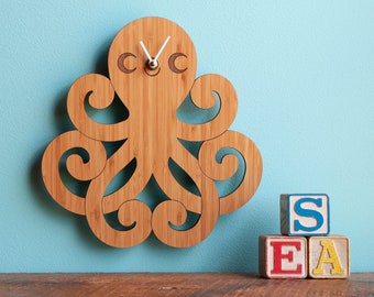 Octopus Bamboo Wood Nursery Wall Clock, Baby Kids