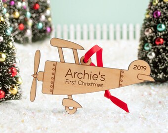 Airplane Wood Christmas Ornament Personalized, Baby's First, Kids 2024