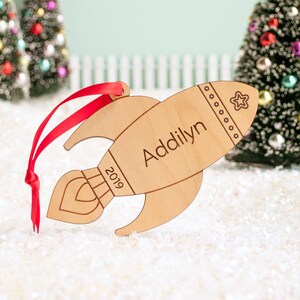 Rocket Wood Christmas Ornament Personalized, Baby's First, Kids 2025