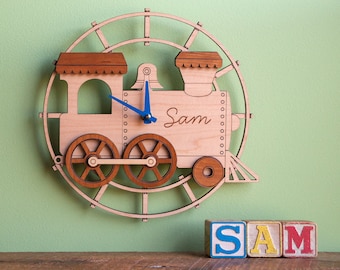 Train Wood Nursery Wall Clock Personalized, Baby Kids