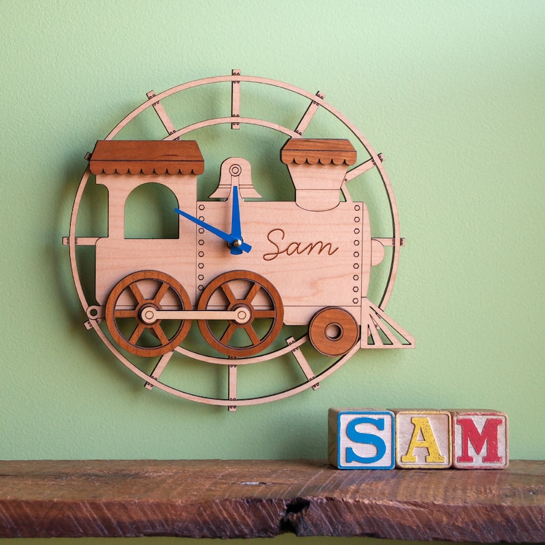 Train Wood Nursery Wall Clock Personalized, Baby Kids Blue