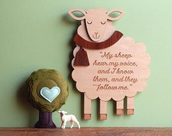 My Sheep Hear My Voice, Lamb of God, Wood Sheep Wall Hanging, Christian Scripture Bible Verse Sign