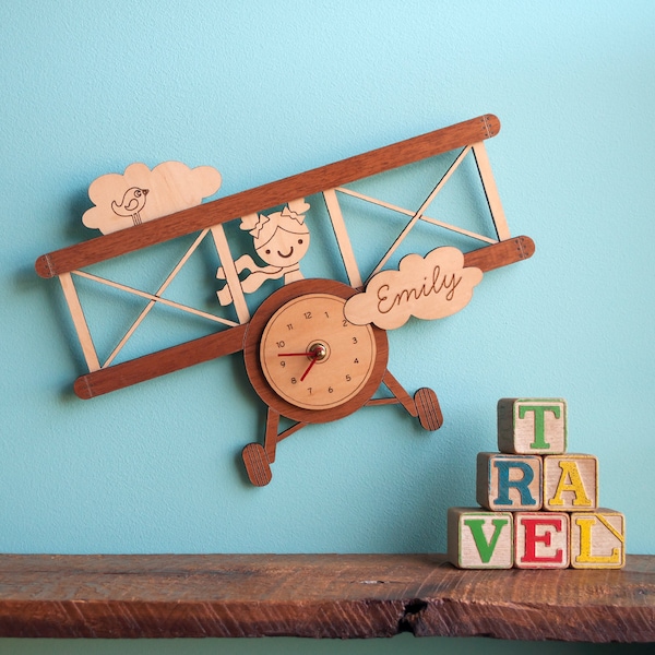 Airplane Wood Nursery Wall Clock Personalized, Baby Kids