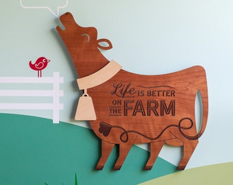 Life is Better on the Farm Cow Sign: Wood Wall Hanging Cattle Farmhouse Decor