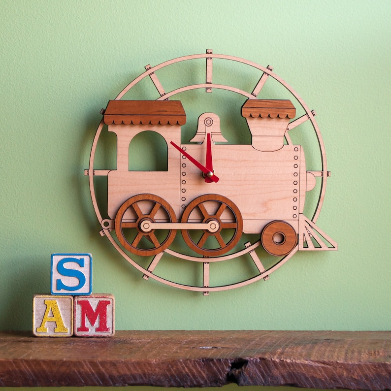 Train Wood Nursery Wall Clock Personalized, Baby Kids Red