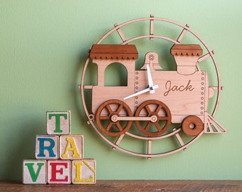 Train Wooden Nursery Wall Clock Personalized, Baby Kids