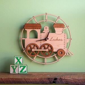 Train Wooden Nursery Wall Clock Personalized, Baby Kids Chocolate