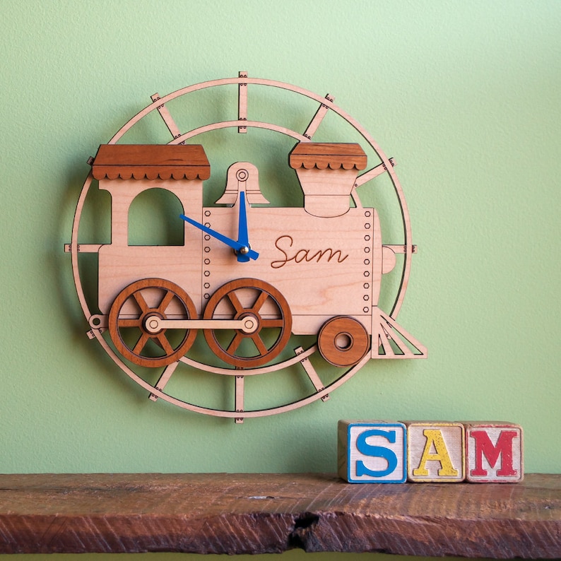 Train Wooden Nursery Wall Clock Personalized, Baby Kids Blue