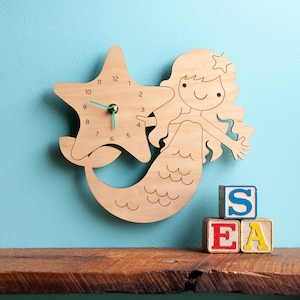 Mermaid Wood Nursery Wall Clock, Baby Kids