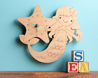 Mermaid Wood Nursery Wall Clock, Baby Kids