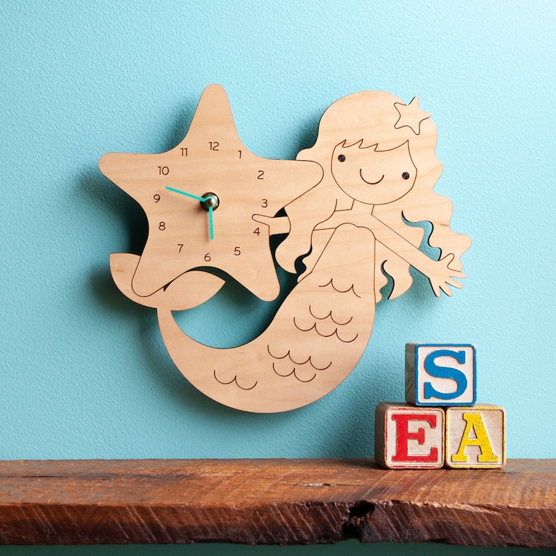 Mermaid Wood Nursery Wall Clock Baby Kids Etsy