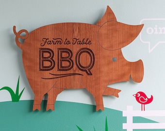 Farm to Table BBQ Pig Kitchen Sign: Wood Wall Hanging Farmhouse Decor