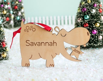 Hippo Wood Christmas Ornament Personalized, Baby's First, Kids 2024