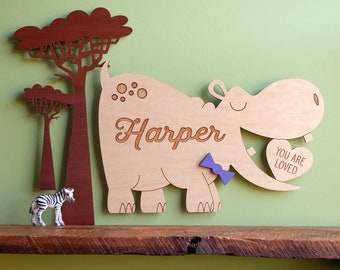 Wood Hippo Nursery Wall Hanging Sign: Personalized Safari Decor