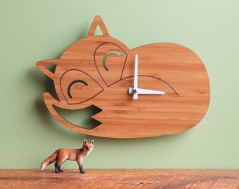 Sleeping Fox Bamboo Wood Wall Nursery Clock, Baby, Kids