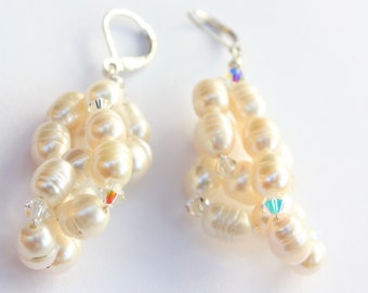 Crystal Cluster Pearl Earrings, Ivory Freshwater Pearls and Swarvoski Crystals