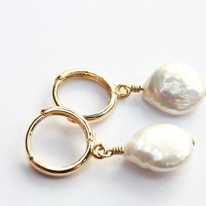 Freshwater Coin Hoop Earrings, White Cultured Pearls, Gold Filled Hoops image 3