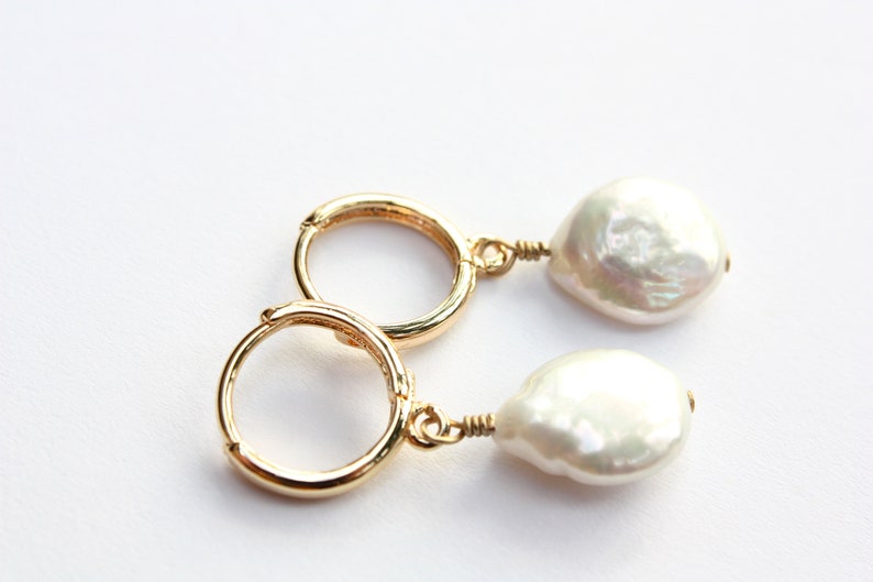 Freshwater Coin Hoop Earrings, White Cultured Pearls, Gold Filled Hoops image 3