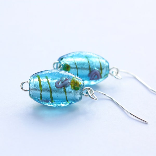 Barrel of Blue Glass Earrings, Winter Frost Collection, Furnace Glass drops