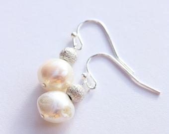 Silver Stardust Pearl Earrings, Ivory Freshwater Pearls, Sterling Silver Stardust, Winter Frost Collection