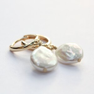 Freshwater Coin Hoop Earrings, White Cultured Pearls, Gold Filled Hoops image 4