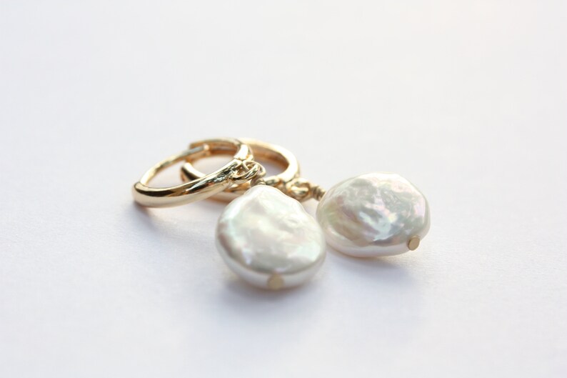 Freshwater Coin Hoop Earrings, White Cultured Pearls, Gold Filled Hoops image 4