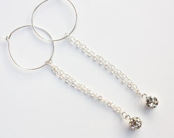 Crystal chain and hoop earrings, Silver and crystal hoops