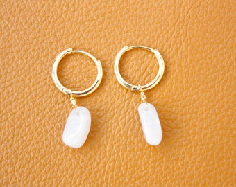 Sky Chalcedony Hoop Earrings, 18 Karat Gold tone Hoops, Chalcedony Stone, A day at the Sea Earrings, Ready to Ship