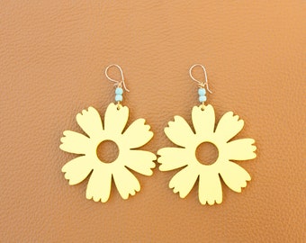 Yellow Wood Flower Earrings