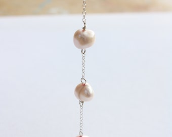 Rose Lariat Pearl Necklace, Cultured Freshwater Pearls, Sterling Silver Chain, Winter Frost Collection