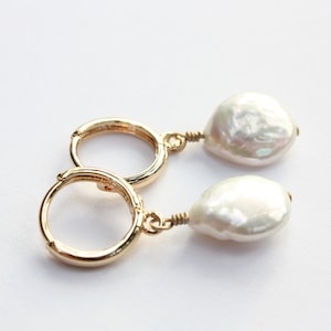 Freshwater Coin Hoop Earrings, White Cultured Pearls, Gold Filled Hoops image 1