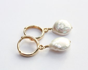 Freshwater Coin Hoop Earrings, White Cultured Pearls, Gold Filled Hoops, Winter Frost Collection