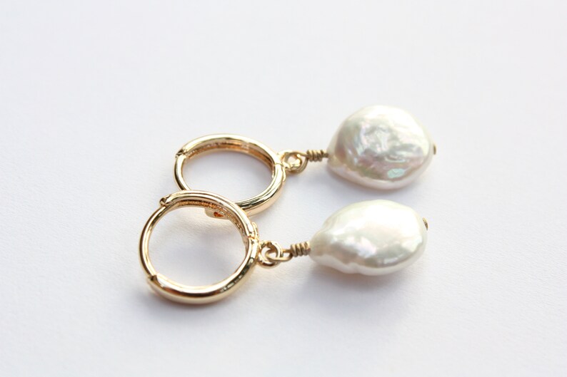 Freshwater Coin Hoop Earrings, White Cultured Pearls, Gold Filled Hoops image 1