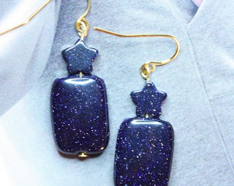 Starry Night Earrings, Modern Woman Collection, Blue Goldstone Stone Earring, Ready to Ship