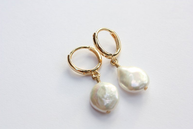 Freshwater Coin Hoop Earrings, White Cultured Pearls, Gold Filled Hoops image 5