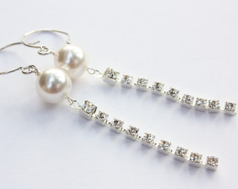 Rhinestone Pearl Earrings, Silver and Rhinestone, Winter Frost Collection