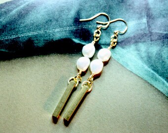 Gold Brass Bar and Pearl Earrings, Freshwater Pearls, Ready to Ship