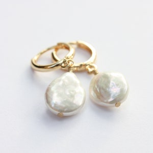 Freshwater Coin Hoop Earrings, White Cultured Pearls, Gold Filled Hoops image 2