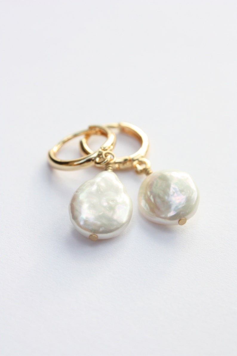 Freshwater Coin Hoop Earrings, White Cultured Pearls, Gold Filled Hoops image 2