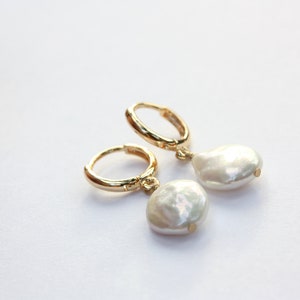 Freshwater Coin Hoop Earrings, White Cultured Pearls, Gold Filled Hoops image 10
