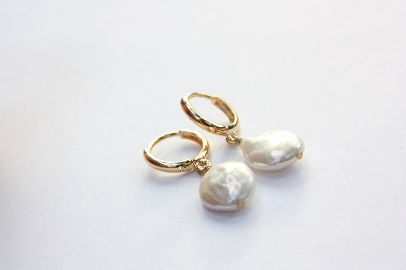 Freshwater Coin Hoop Earrings, White Cultured Pearls, Gold Filled Hoops image 10