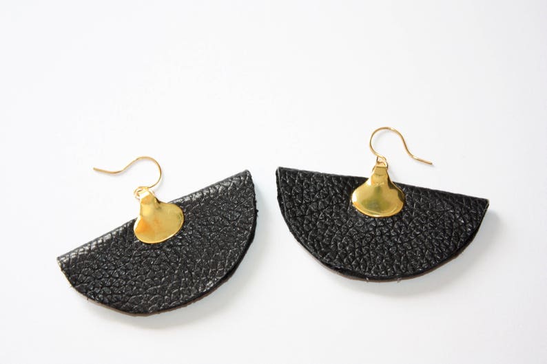 Black Leather Fan Earrings Modern Leather Earrings Catilla Jewelry Handmade Leather Earrings