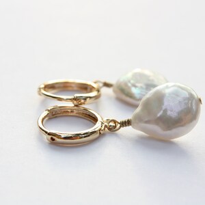 Freshwater Coin Hoop Earrings, White Cultured Pearls, Gold Filled Hoops image 8