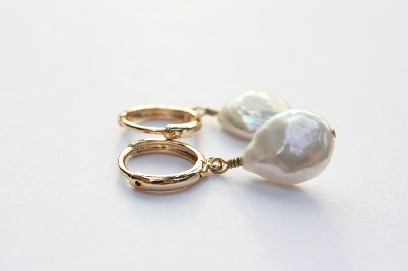 Freshwater Coin Hoop Earrings, White Cultured Pearls, Gold Filled Hoops image 8