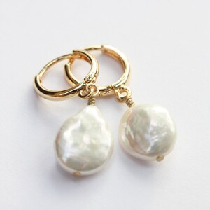 Freshwater Coin Hoop Earrings, White Cultured Pearls, Gold Filled Hoops image 6
