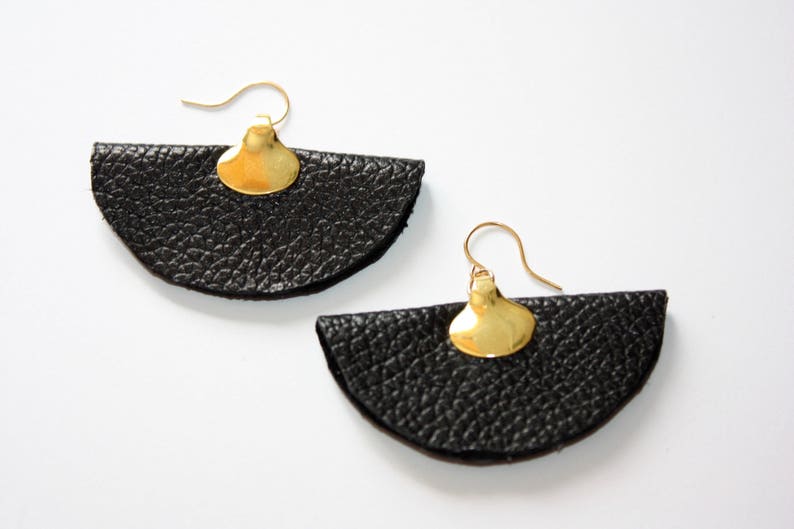 Black Leather Fan Earrings Modern Leather Earrings Catilla Jewelry Handmade Leather Earrings