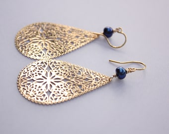 Filigree Pearl Earrings, Blue Cultured Freshwater Pearls, Ready to Ship