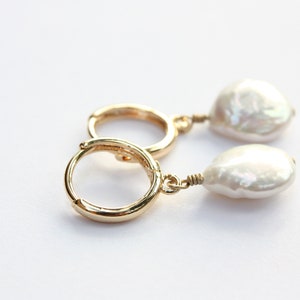 Freshwater Coin Hoop Earrings, White Cultured Pearls, Gold Filled Hoops image 7