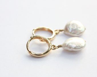 Freshwater Coin Hoop Earrings, White Cultured Pearl