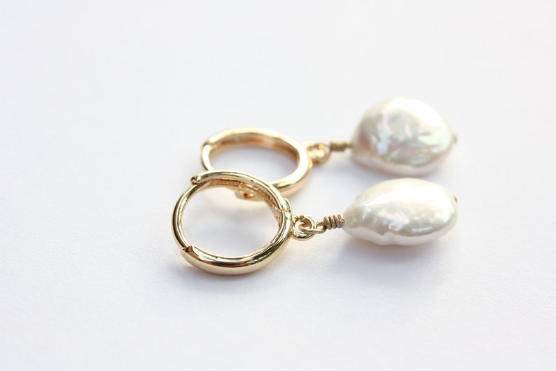 Freshwater Coin Hoop Earrings, White Cultured Pearls, Gold Filled Hoops image 7